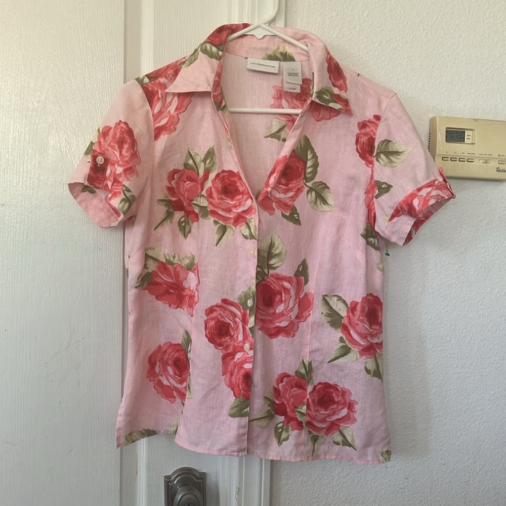 Liz Claiborne Linen ShortSleeve Shirt Size 4 Pink Red Roses Cottagecore Romantic